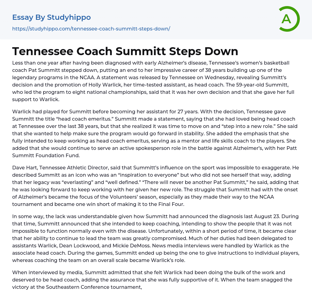 Tennessee Coach Summitt Steps Down Essay Example