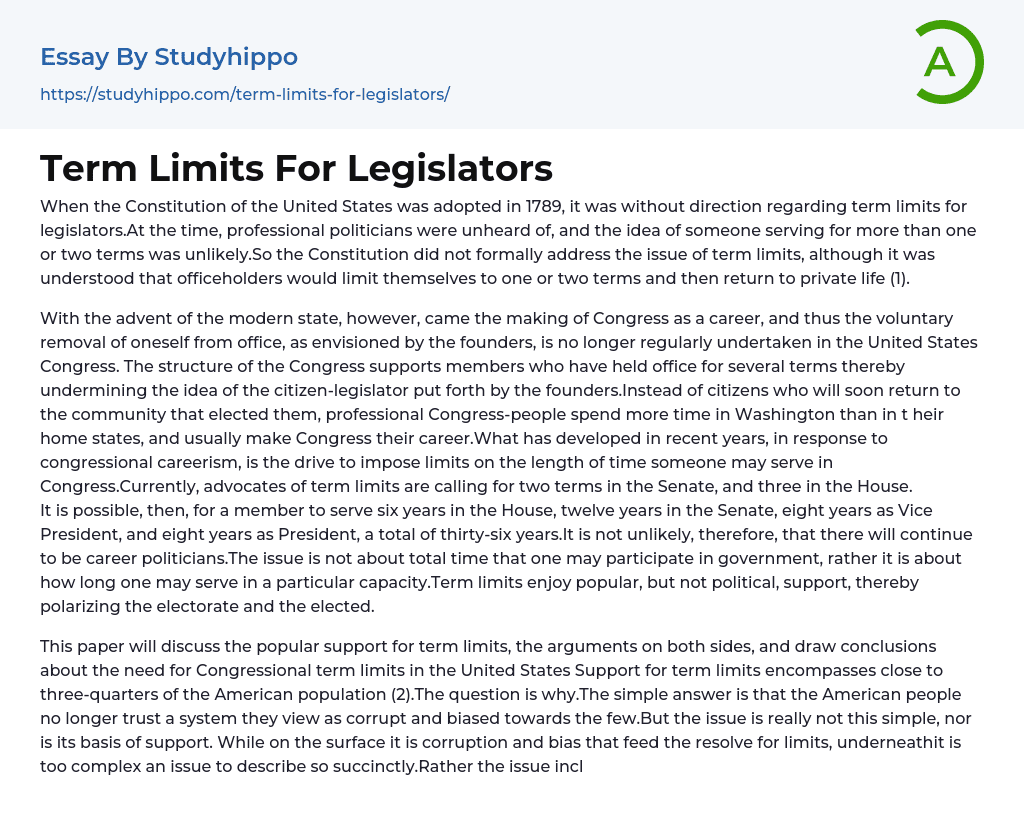 Term Limits For Legislators Essay Example