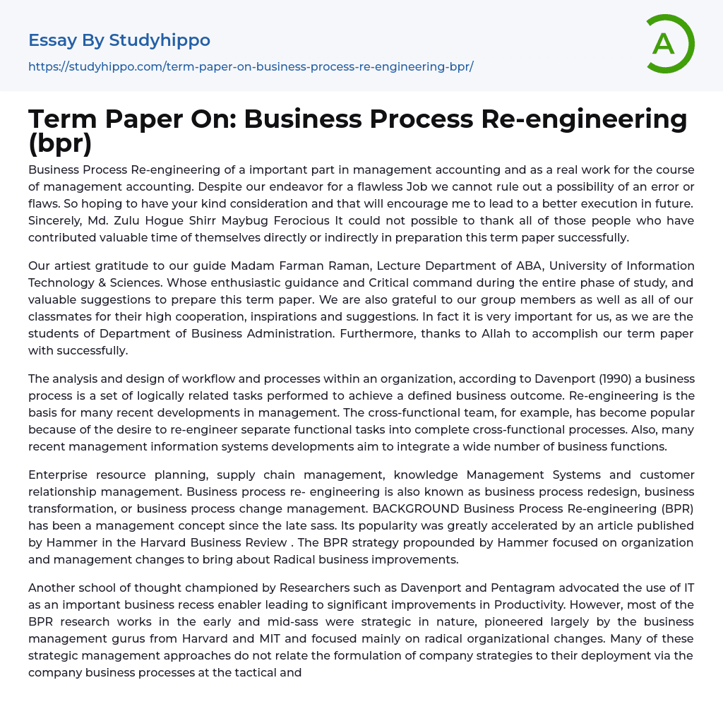 Term Paper On: Business Process Re-engineering (bpr) Essay Example