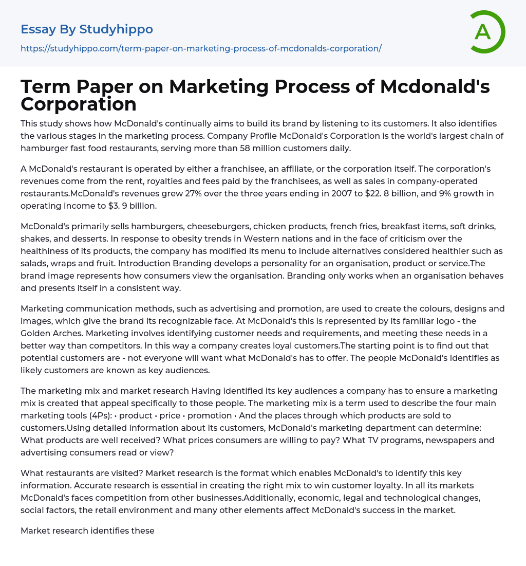 Term Paper on Marketing Process of Mcdonald’s Corporation Essay Example