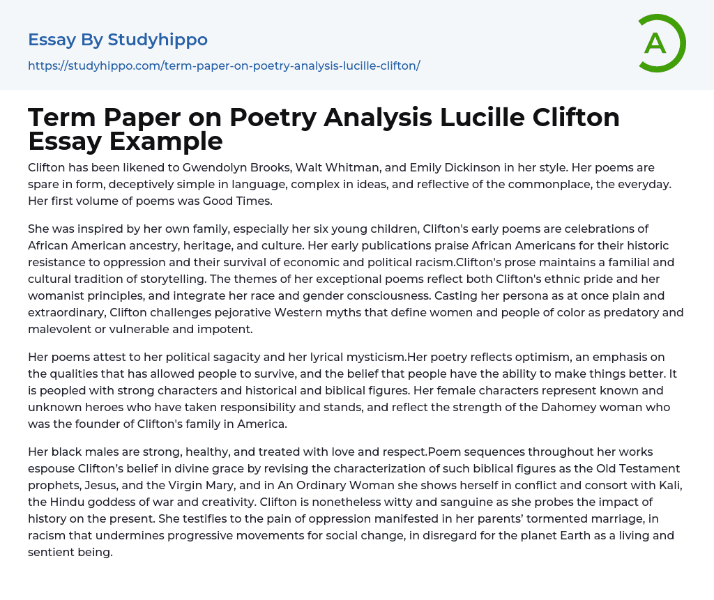 Term Paper on Poetry Analysis Lucille Clifton Essay Example