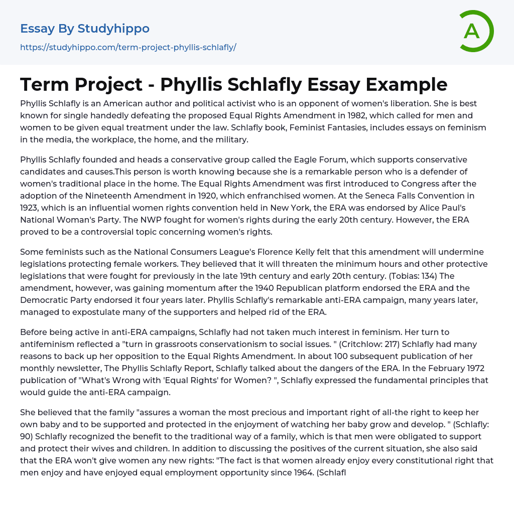 Term Project – Phyllis Schlafly Essay Example