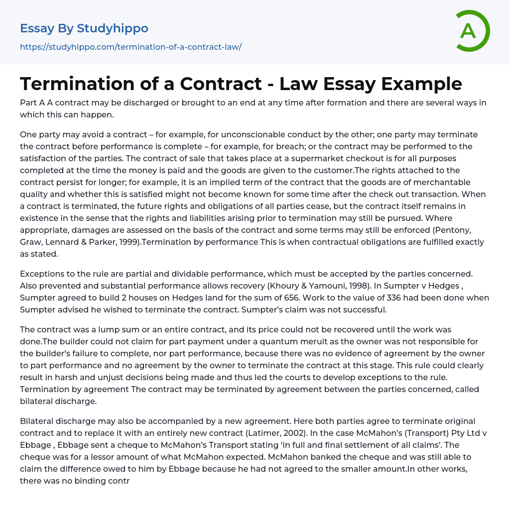 Termination of a Contract – Law Essay Example
