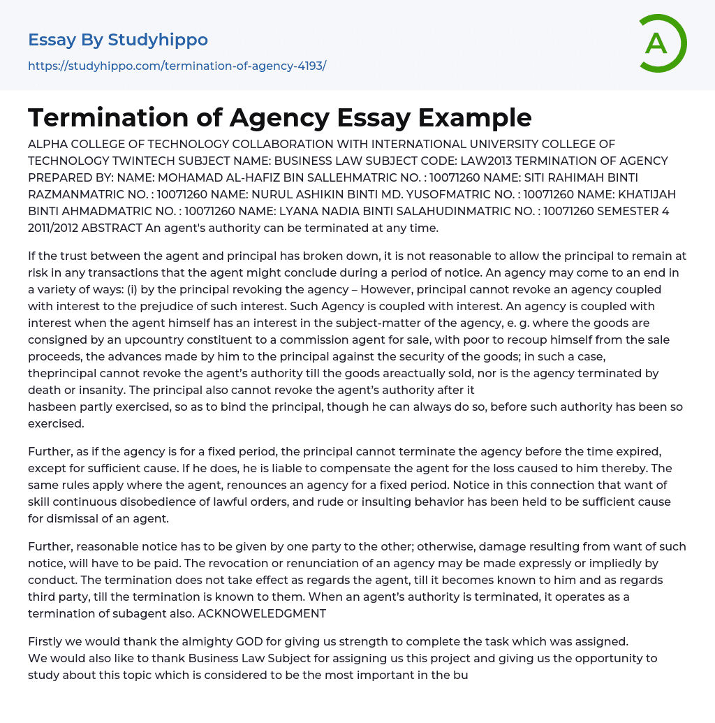 Termination of Agency Essay Example