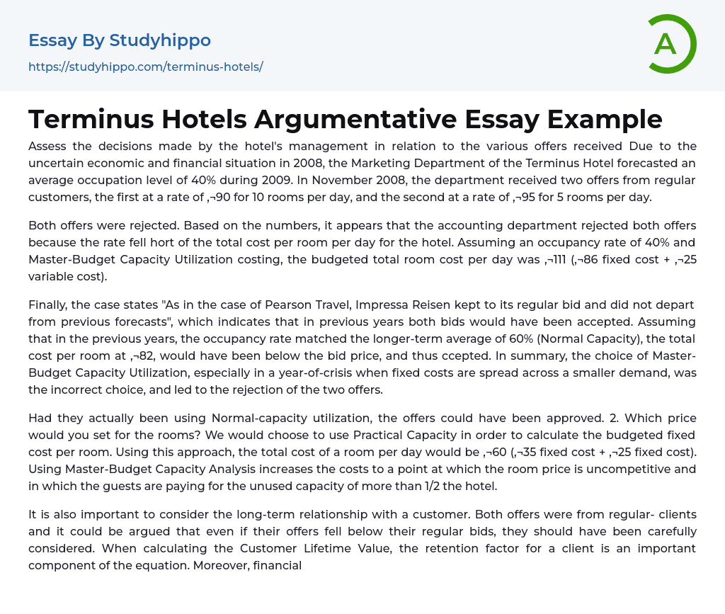 Terminus Hotels Argumentative Essay Example