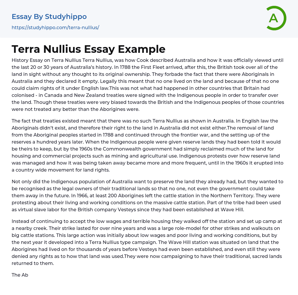 Terra Nullius Essay Example