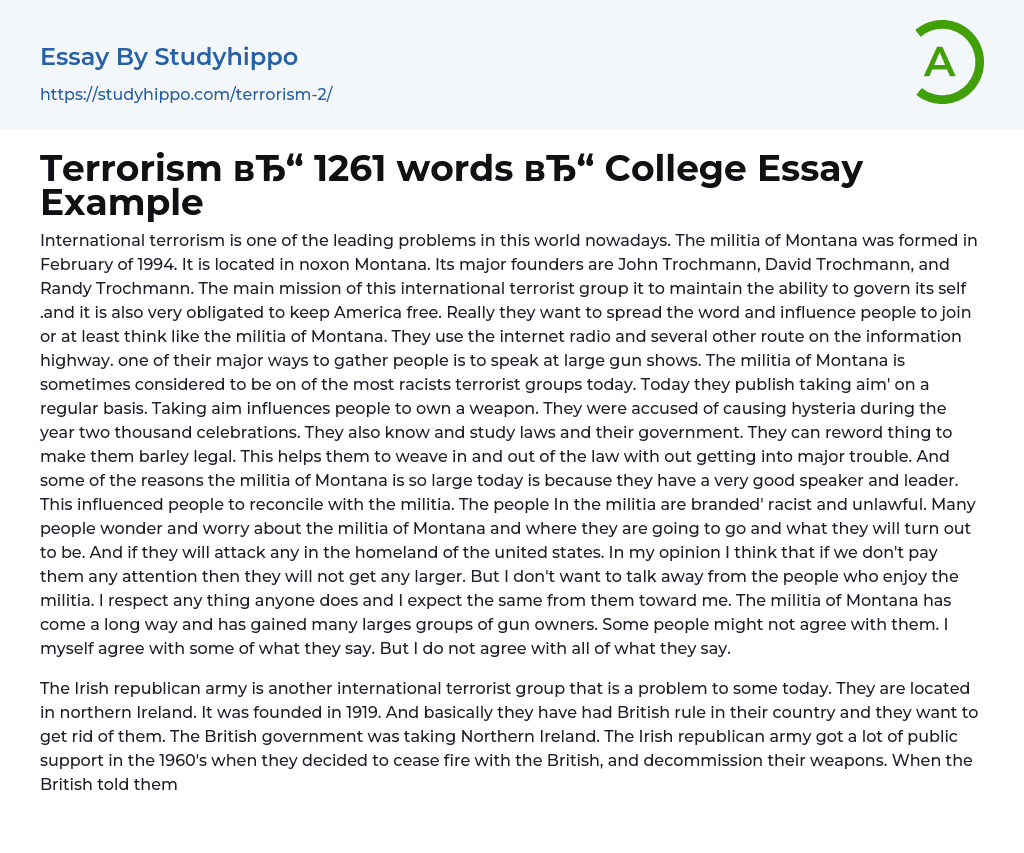 Terrorism 1261 words College Essay Example