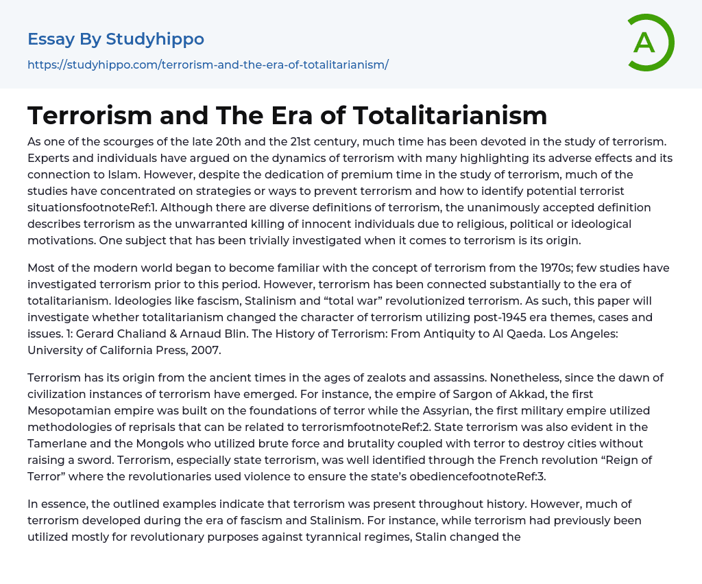 Terrorism and The Era of Totalitarianism Essay Example
