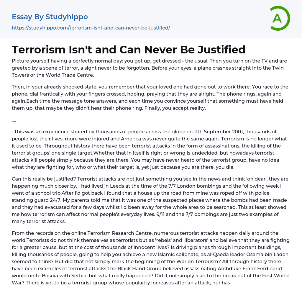 Terrorism Isn’t and Can Never Be Justified Essay Example
