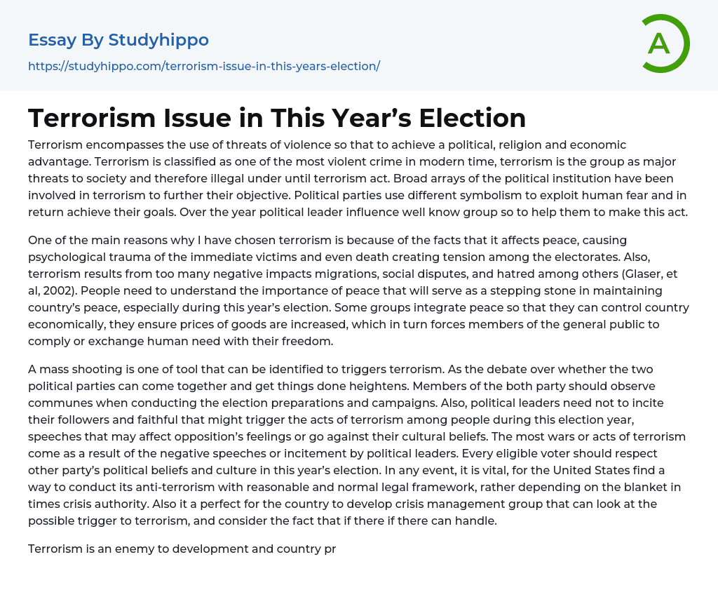 Terrorism Issue in This Year’s Election Essay Example
