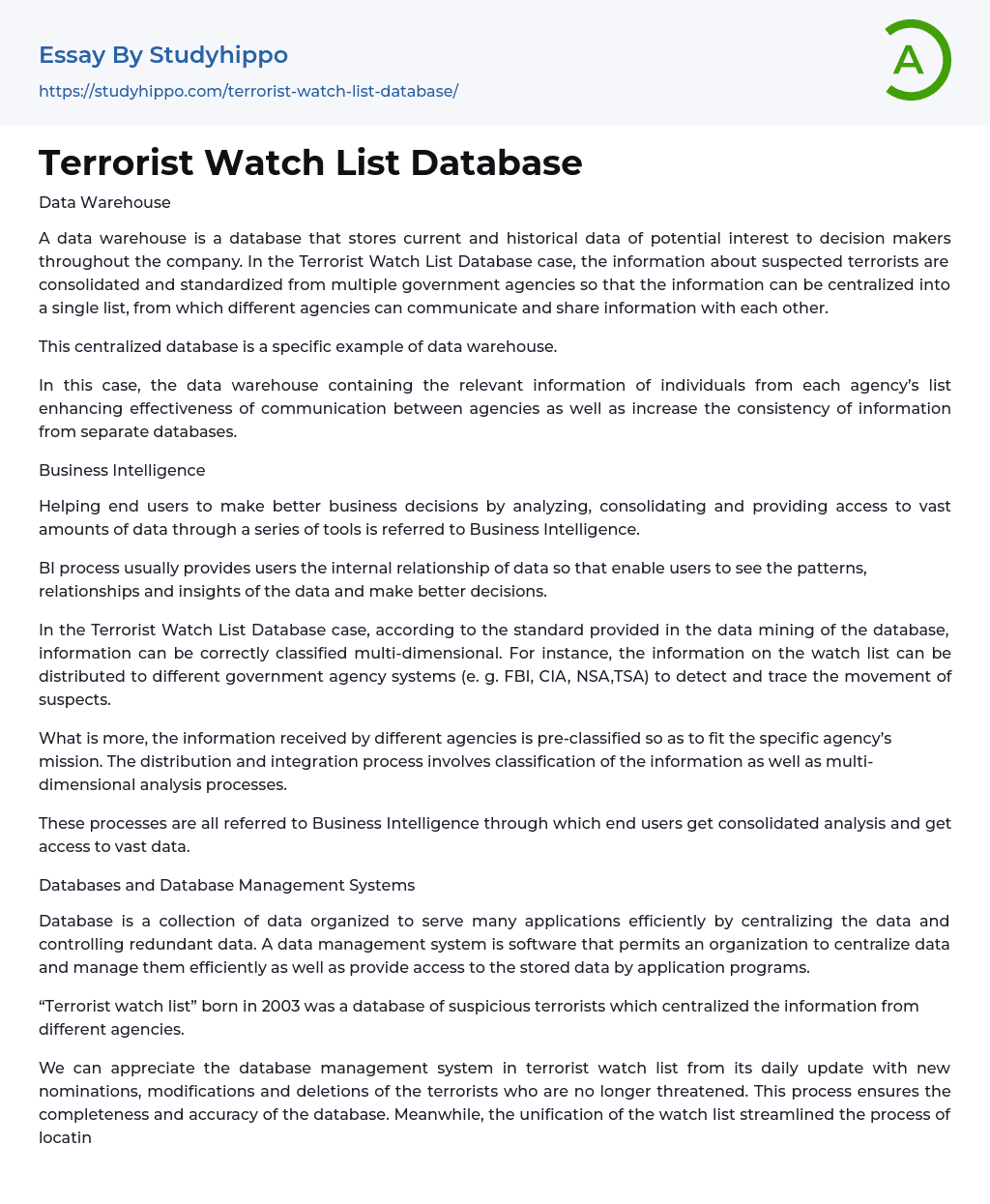 Terrorist Watch List Database Essay Example