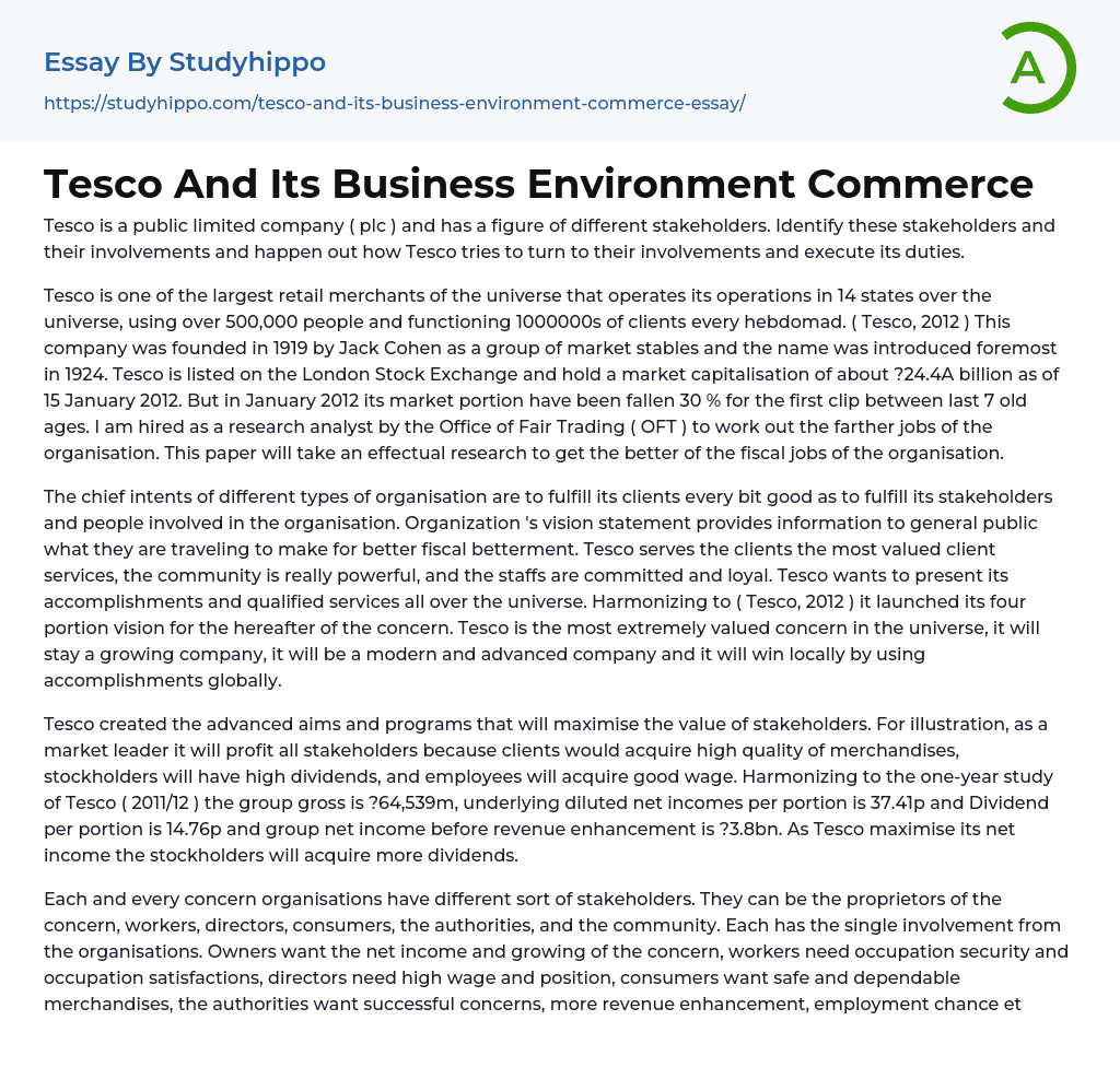 Tesco And Its Business Environment Commerce Essay Example