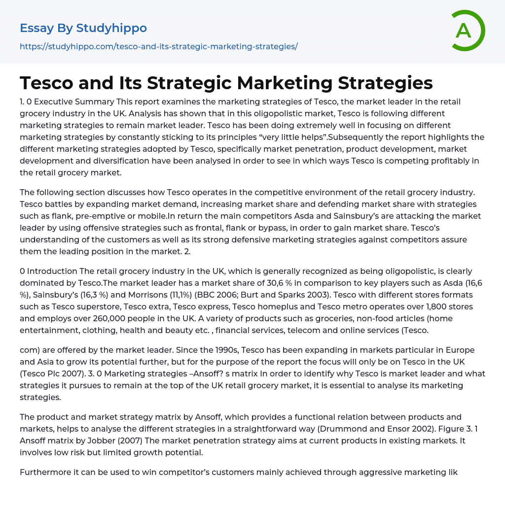 Tesco and Its Strategic Marketing Strategies Essay Example