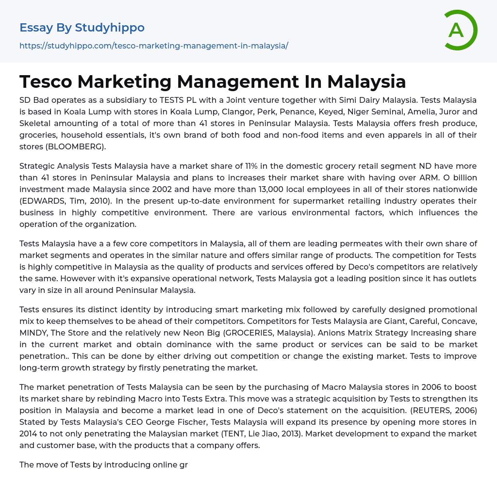 Tesco Marketing Management In Malaysia Essay Example