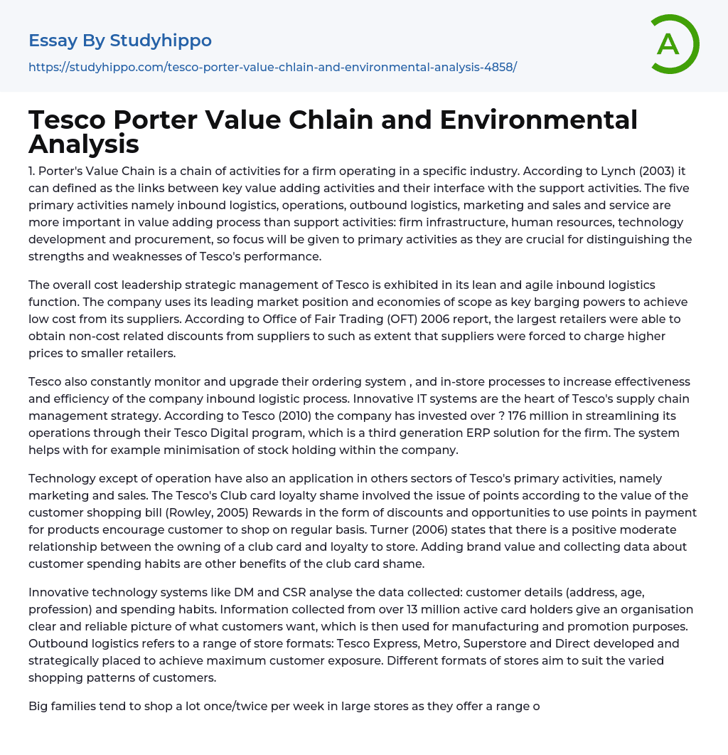 Tesco Porter Value Chlain and Environmental Analysis Essay Example