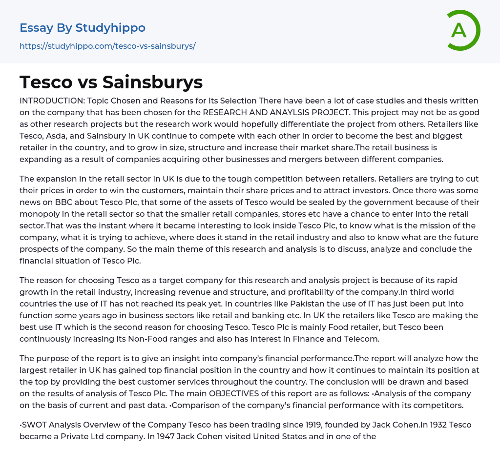 Tesco vs Sainsburys Essay Example