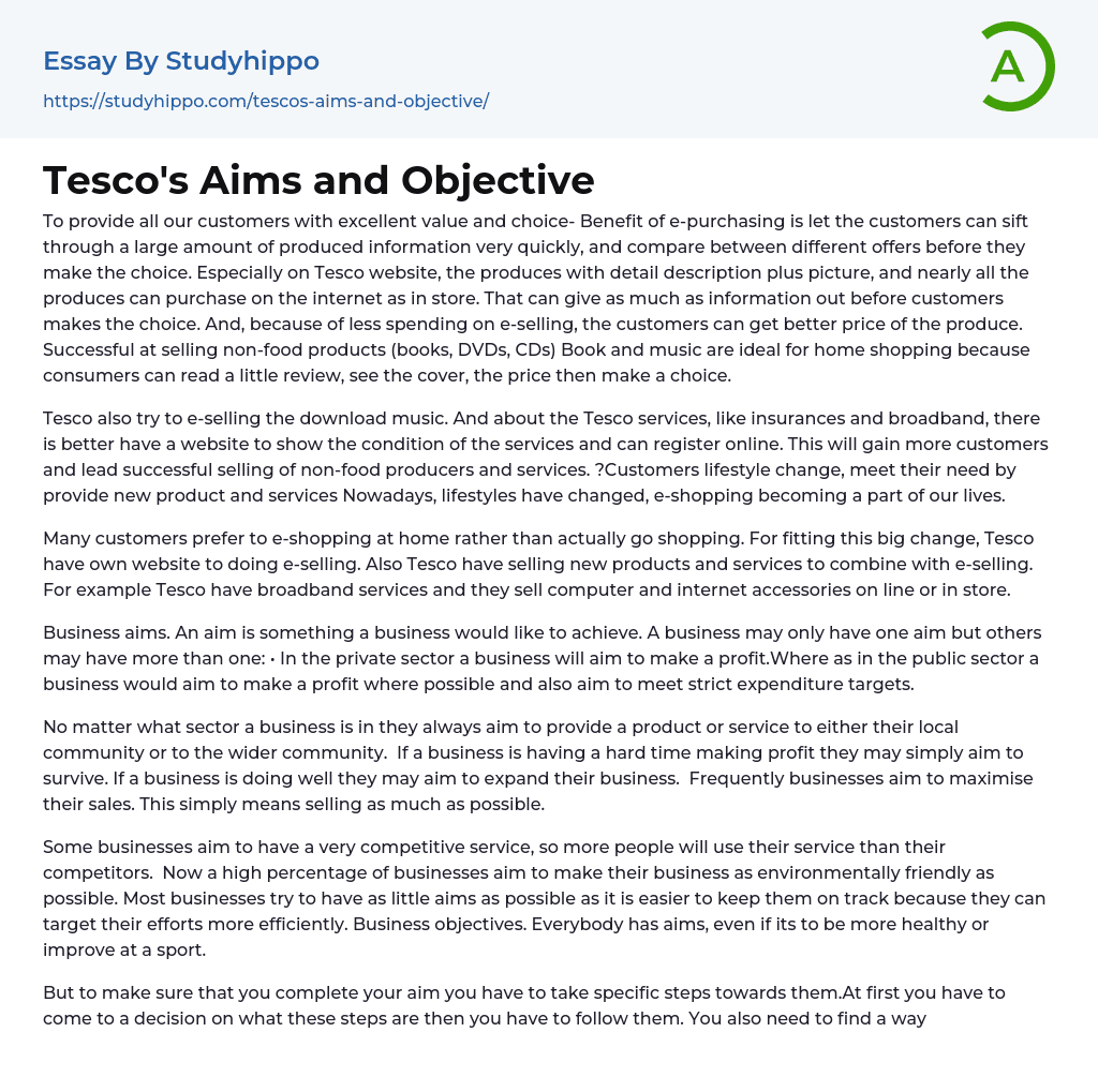 Tesco’s Aims and Objective Essay Example