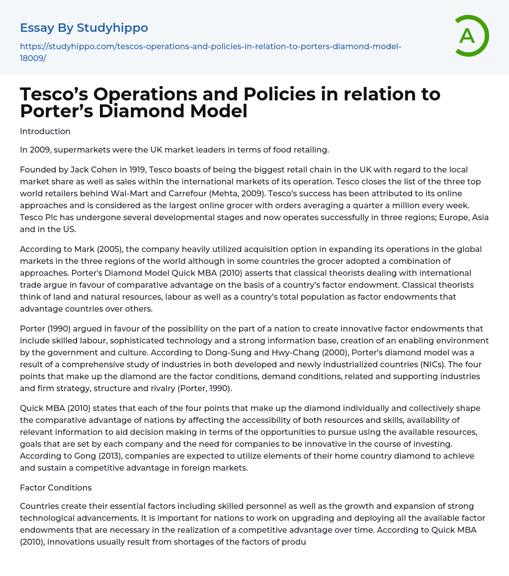 Tesco’s Operations and Policies in relation to Porter’s Diamond Model Essay Example