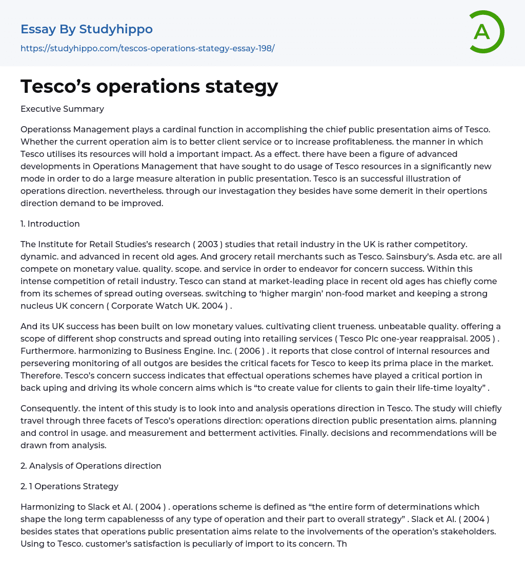 Tesco’s operations stategy Essay Example