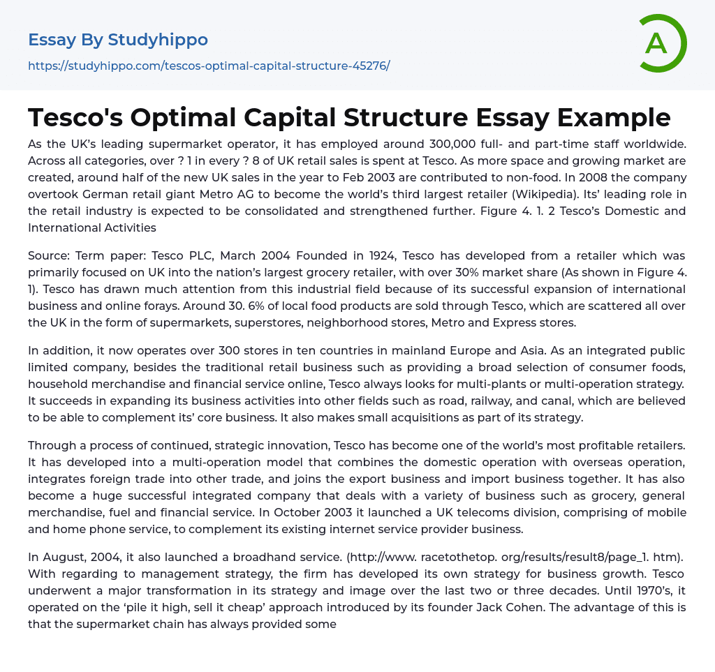 Tesco’s Optimal Capital Structure Essay Example