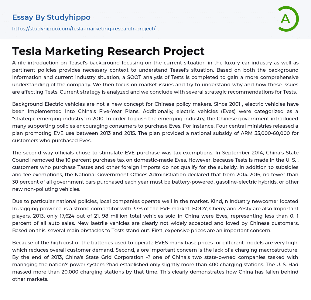 Tesla Marketing Research Project Essay Example