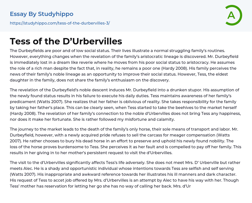 Tess of the D’Urbervilles Essay Example