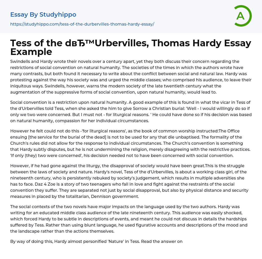 Tess of the dUrbervilles, Thomas Hardy Essay Example