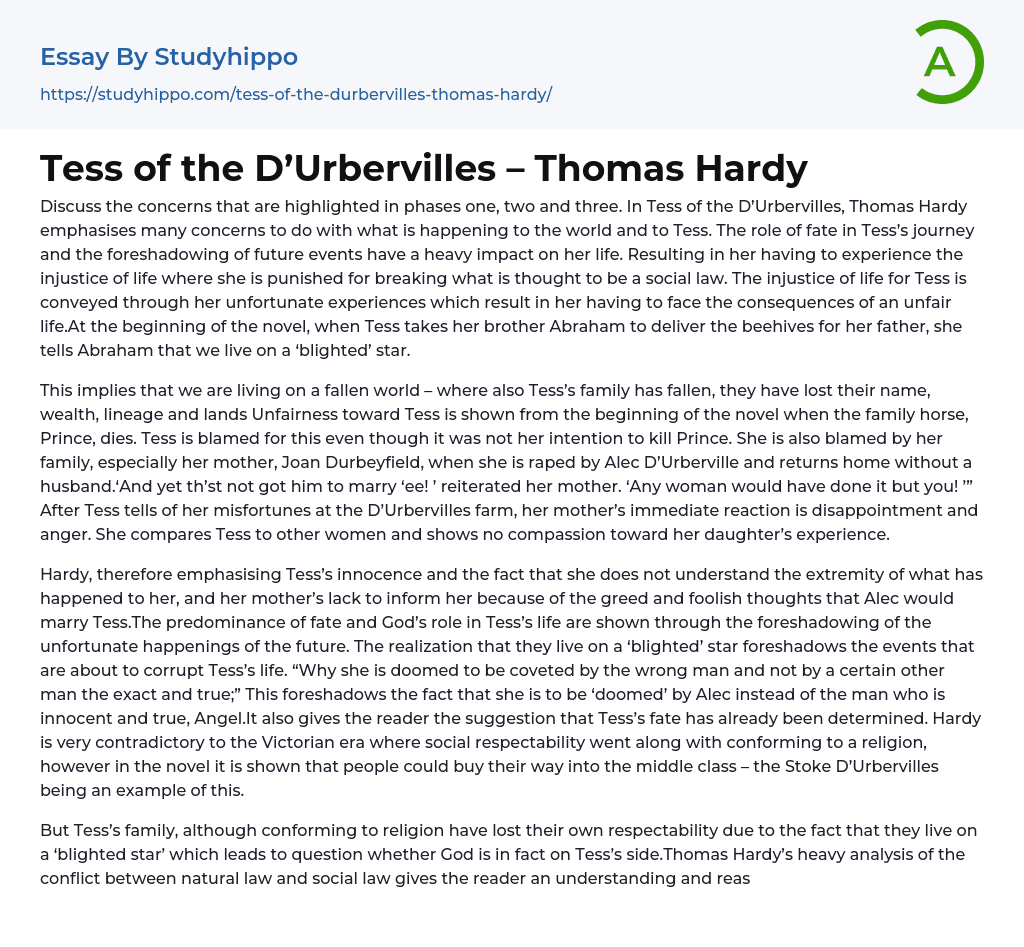 Tess of the D’Urbervilles – Thomas Hardy Essay Example