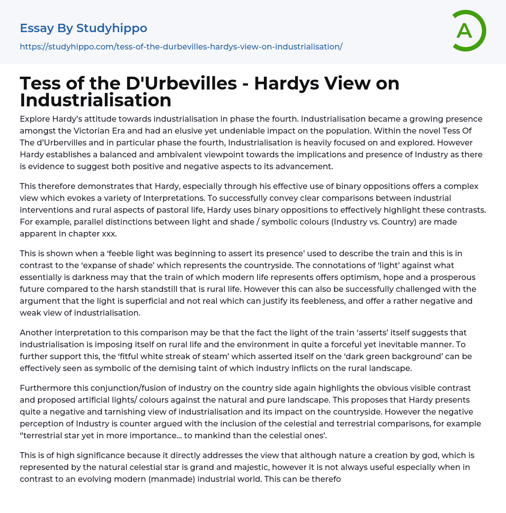 Tess of the D’Urbevilles – Hardys View on Industrialisation Essay Example