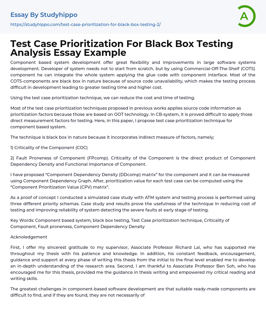 Test Case Prioritization For Black Box Testing Analysis Essay Example