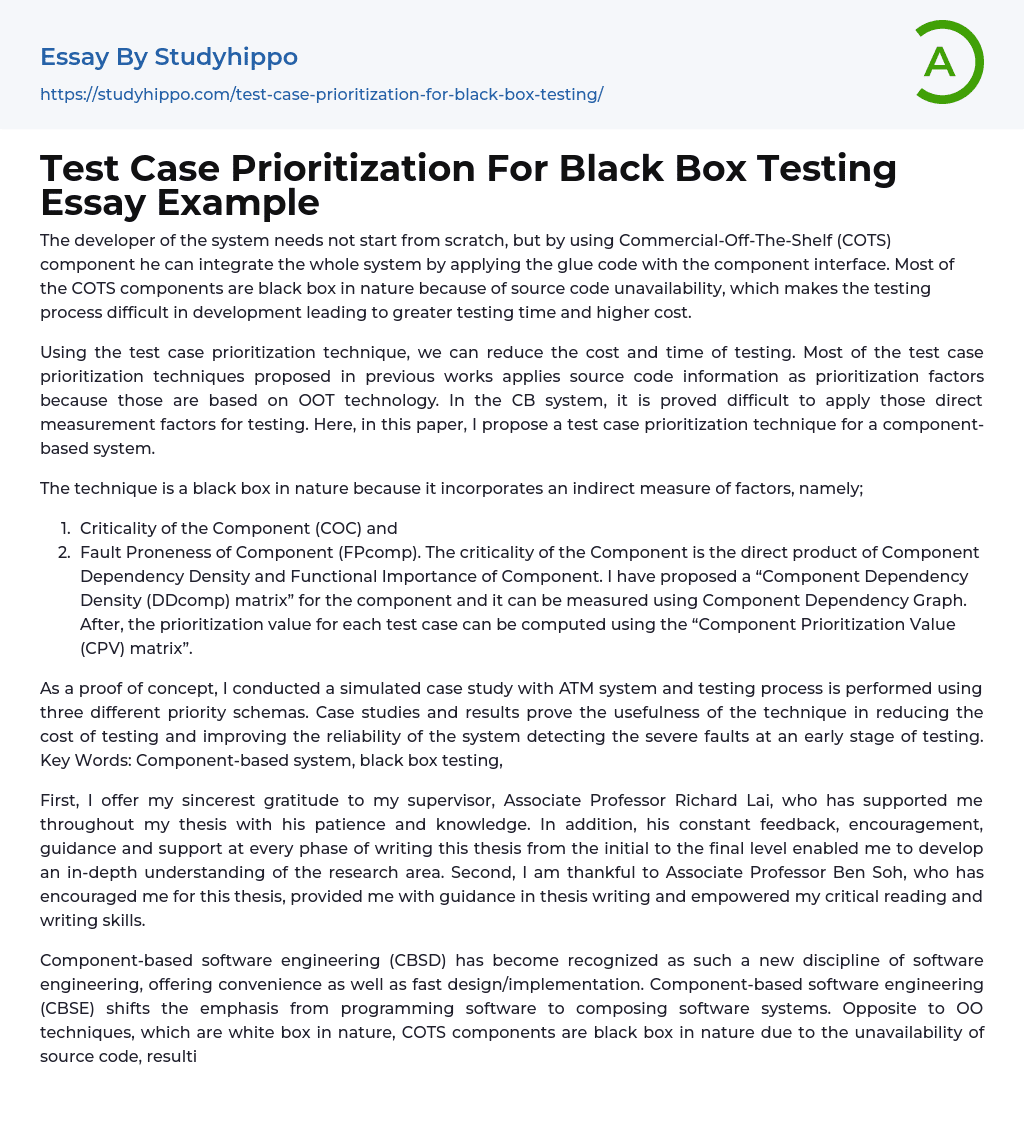 Test Case Prioritization For Black Box Testing Essay Example