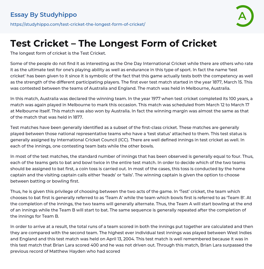 Test Cricket – The Longest Form of Cricket Essay Example