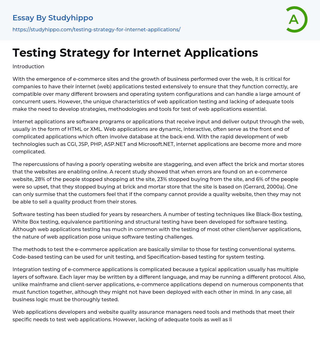 Testing Strategy for Internet Applications Essay Example