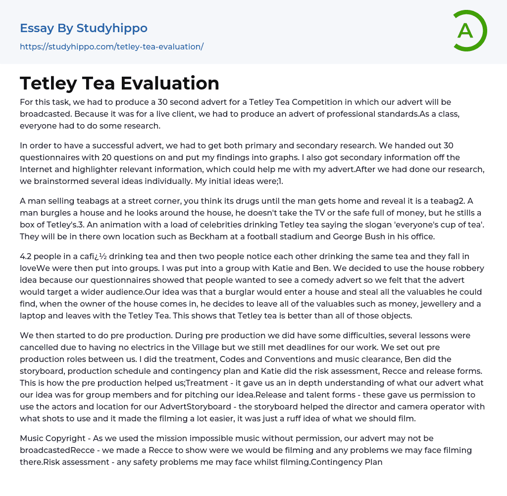 Tetley Tea Evaluation Essay Example