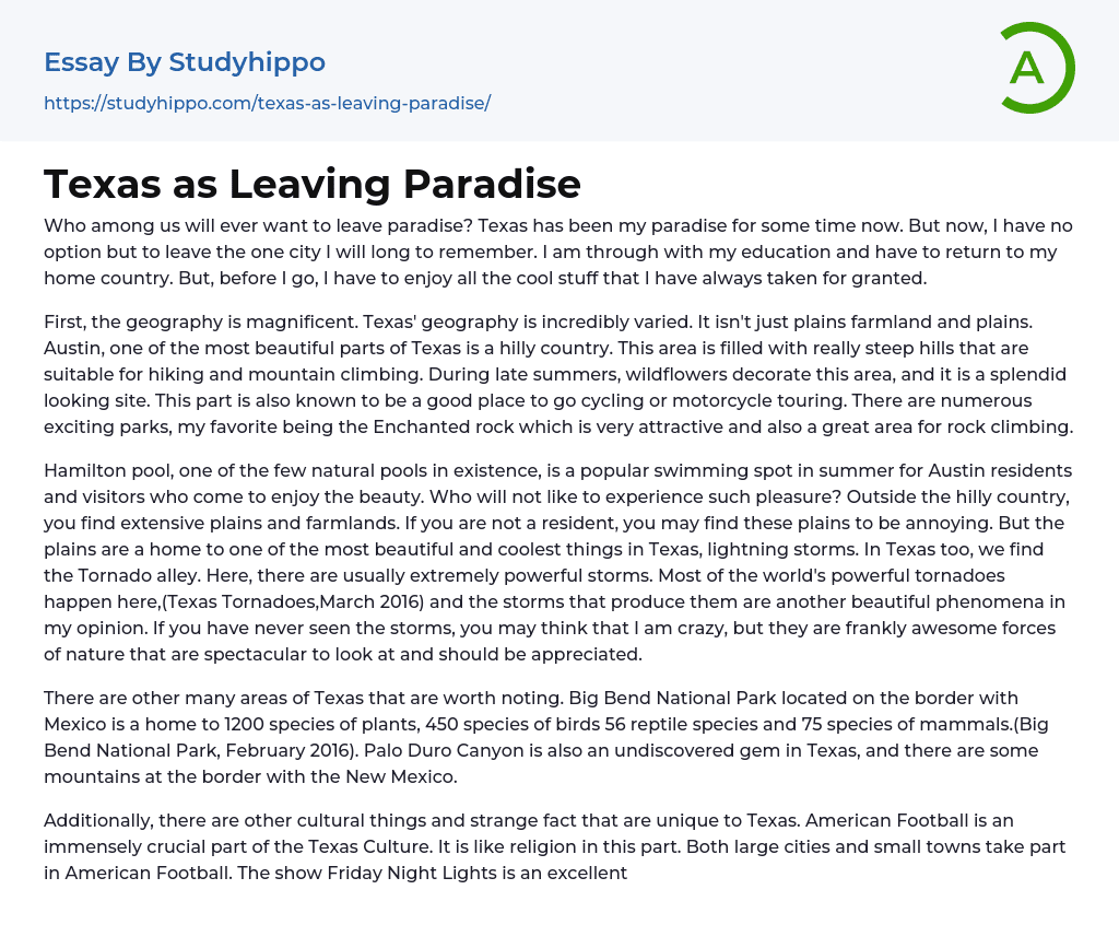 Texas as Leaving Paradise Essay Example