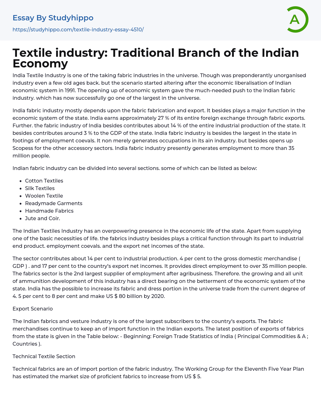 Textile industry: Traditional Branch of the Indian Economy Essay Example