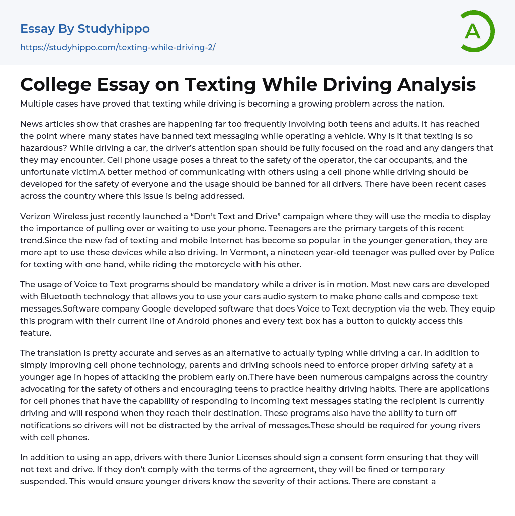 College Essay on Texting While Driving Analysis