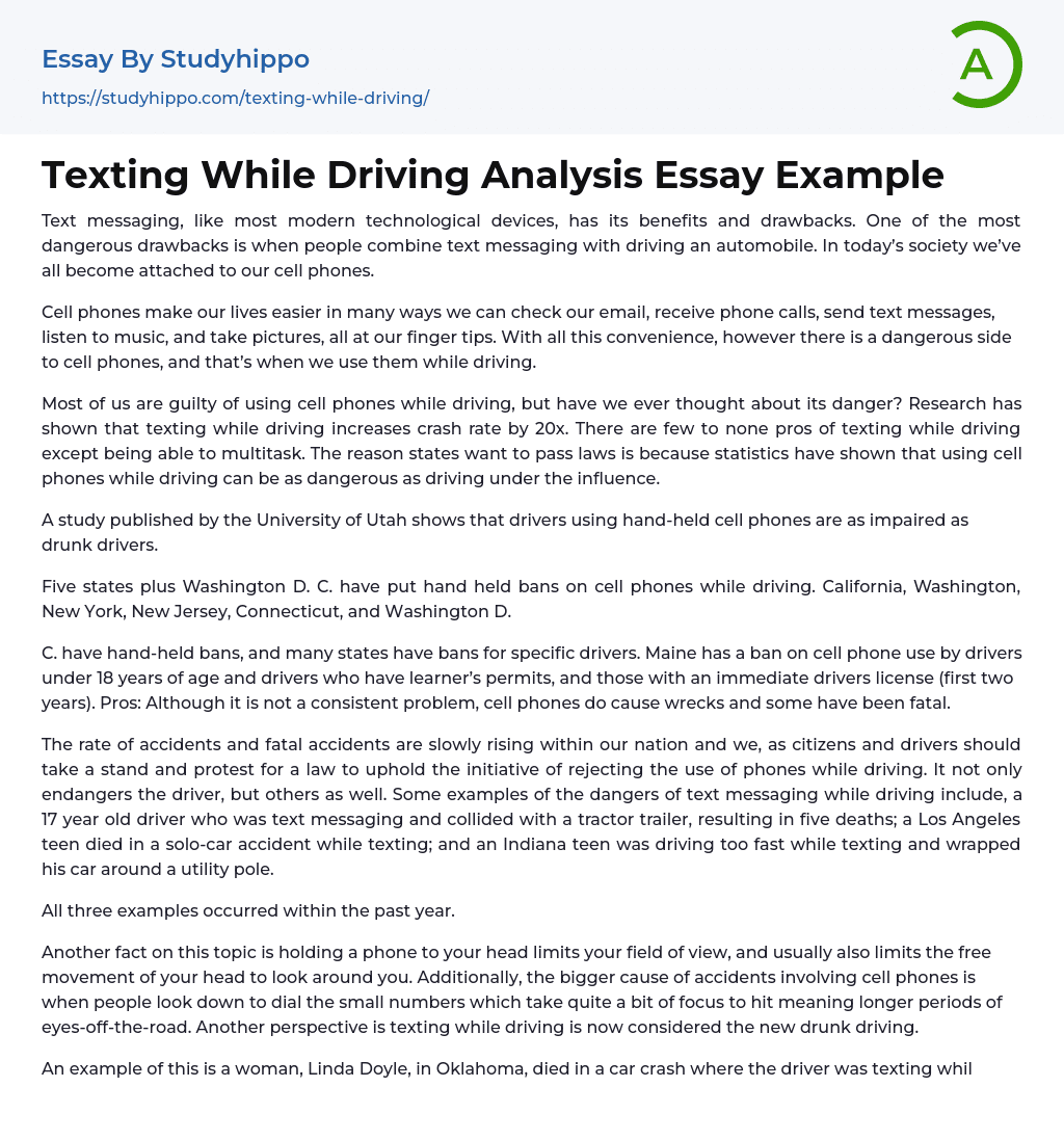Texting While Driving Analysis Essay Example