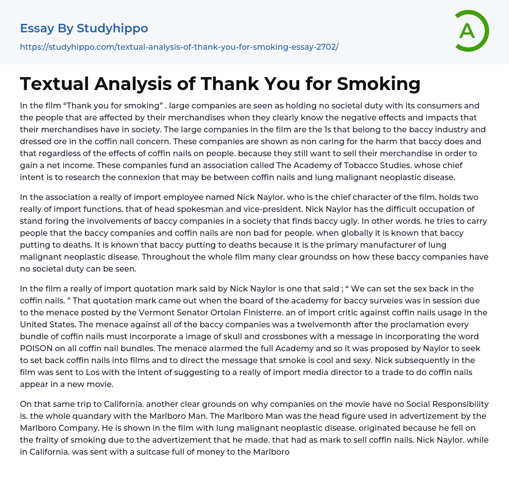 Textual Analysis of Thank You for Smoking Essay Example