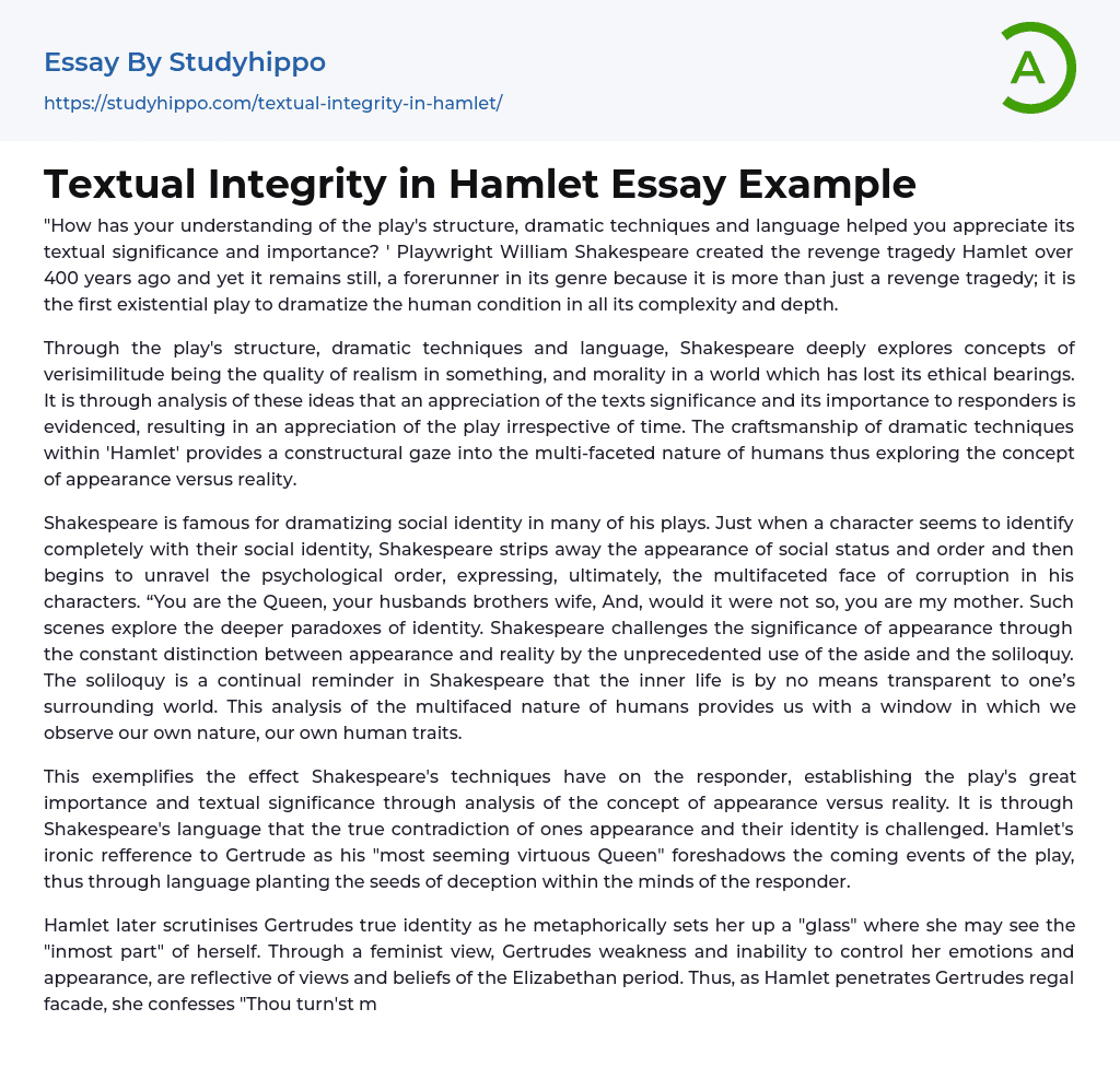 Textual Integrity in Hamlet Essay Example