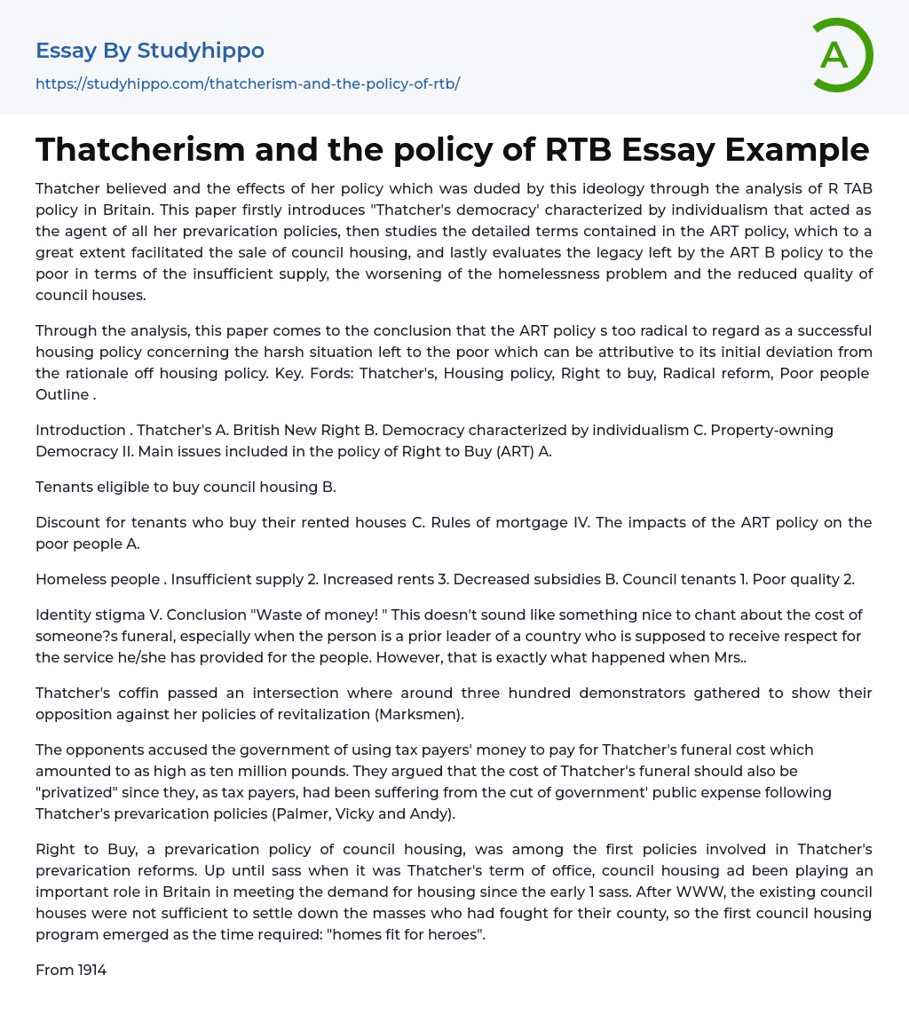 Thatcherism and the policy of RTB Essay Example