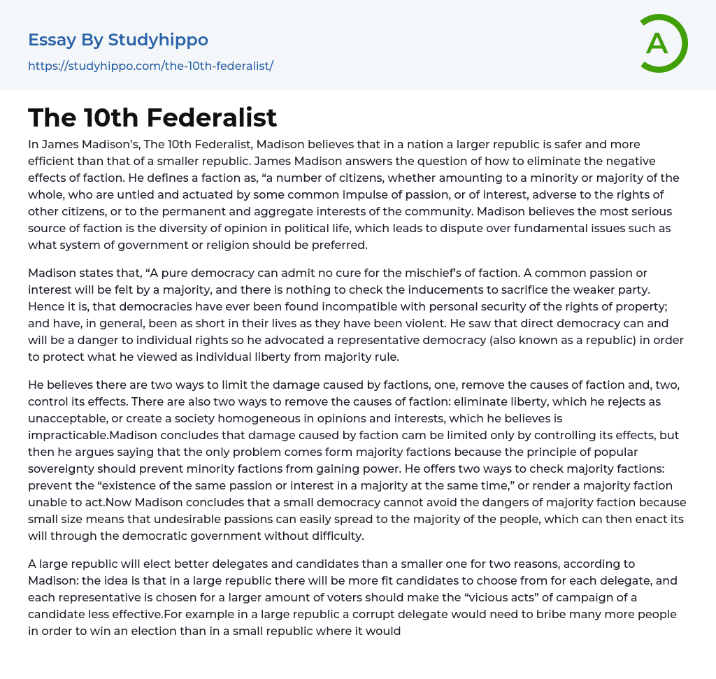 The 10th Federalist Essay Example