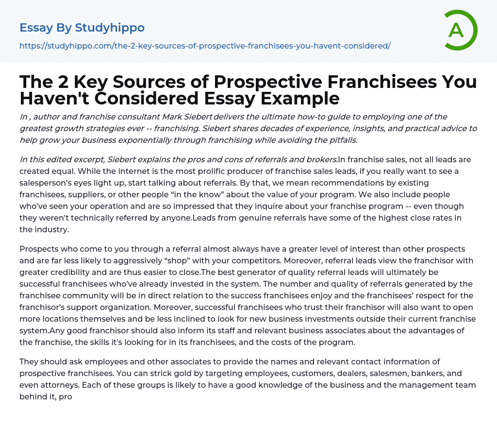 The 2 Key Sources of Prospective Franchisees You Haven’t Considered Essay Example