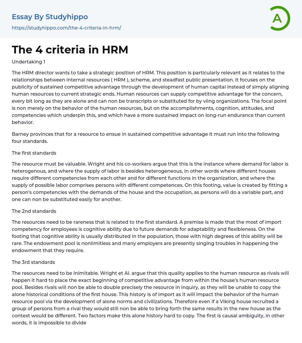 The 4 criteria in HRM Essay Example