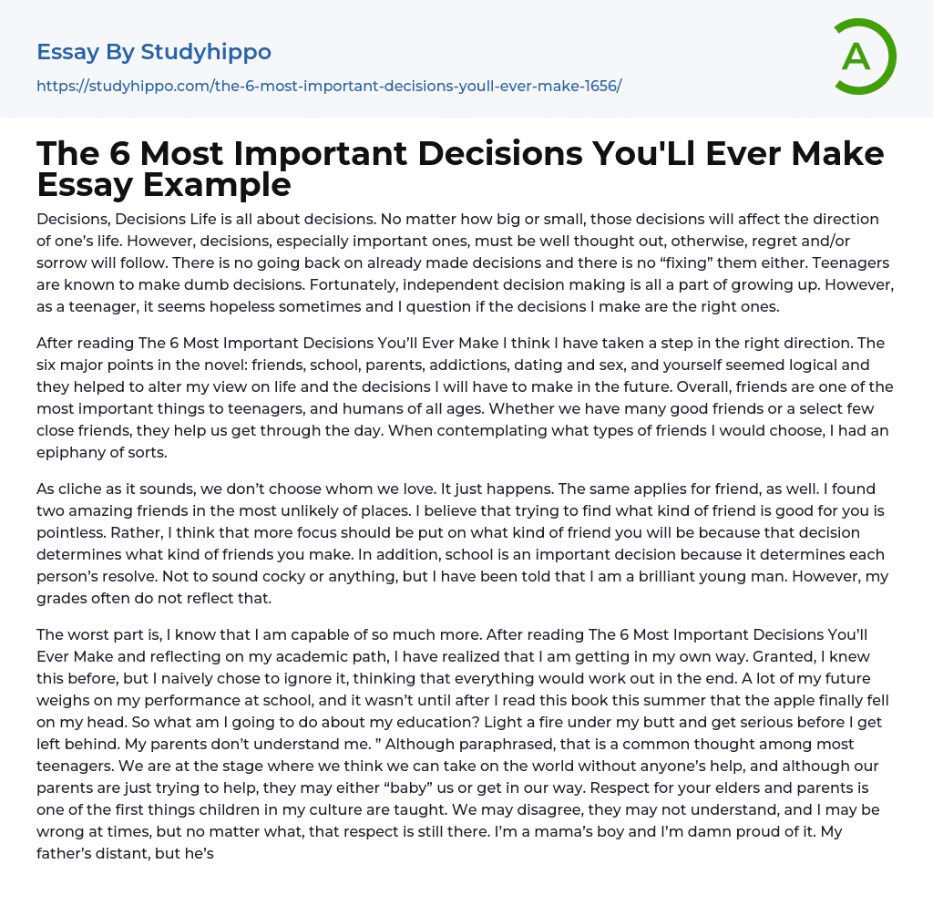 The 6 Most Important Decisions You’Ll Ever Make Essay Example