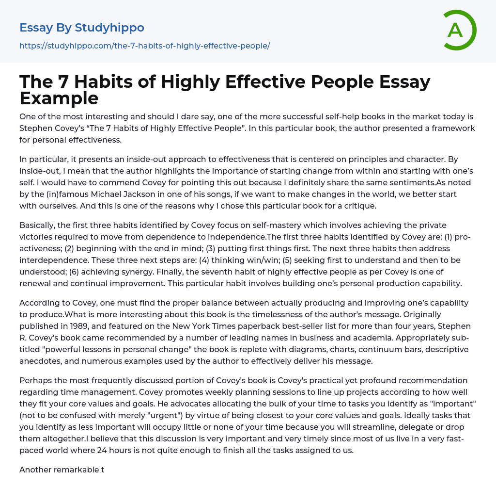 The 7 Habits of Highly Effective People Essay Example
