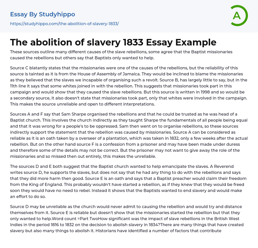 The abolition of slavery 1833 Essay Example