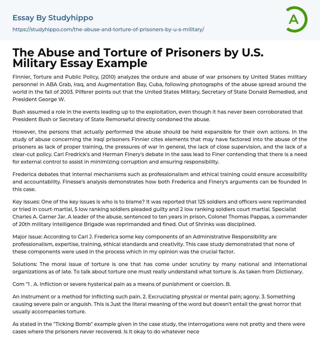 The Abuse and Torture of Prisoners by U.S. Military Essay Example