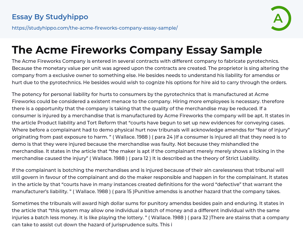The Acme Fireworks Company Essay Sample
