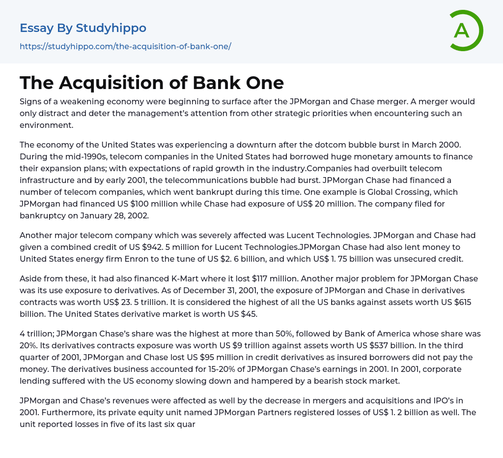 The Acquisition of Bank One Essay Example
